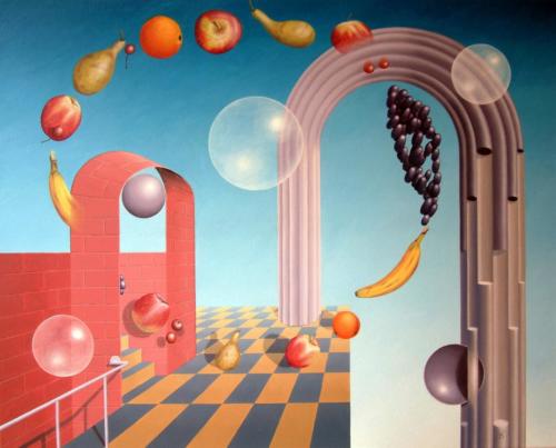 Het circuleren van fruit, gadegeslagen door bollen,    Circulating fruit, watched bij spheres,    2002    (80x100cm)