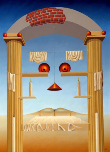 De zuilenwacht tijdens het diner der kaarsen-7-uur te vroeg,   The pillar waiting at dinner-7-hour early, 1995    (80x70 cm)