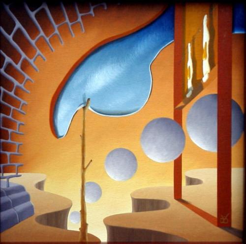 Thuiskomst der bollen voor gebakken eieren (rechter paneel),   Homecoming of spheres for fried eggs (right panel),   1997   (50x50 cm)