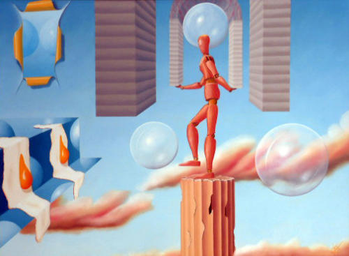 Jongleur wil eieren imponeren met zwevende bollen,   Juggler wants to impress fried eggs with floating balls,,   1999    (60x80 cm)