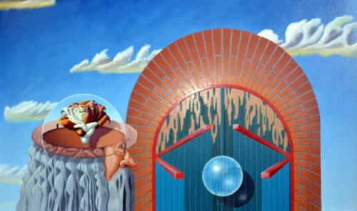 Fleurige gedachten met wat er zich achter deze deur afspeelt,Bright minds with what is going on behind this door,   2002    (60x100 cm)